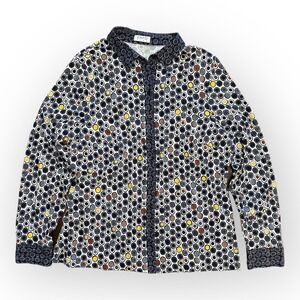 Erfo Pure Cotton Navy Blue Polka Dot‎ Button Up Blouse Top Size L